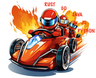 a clipart drawing of an F1 cart speeding towards the viewer. It has a driver and 2 passengers. There are text labels on the image saying: “Rust”, “Go”, “Java”, “JS”, “Python”.
