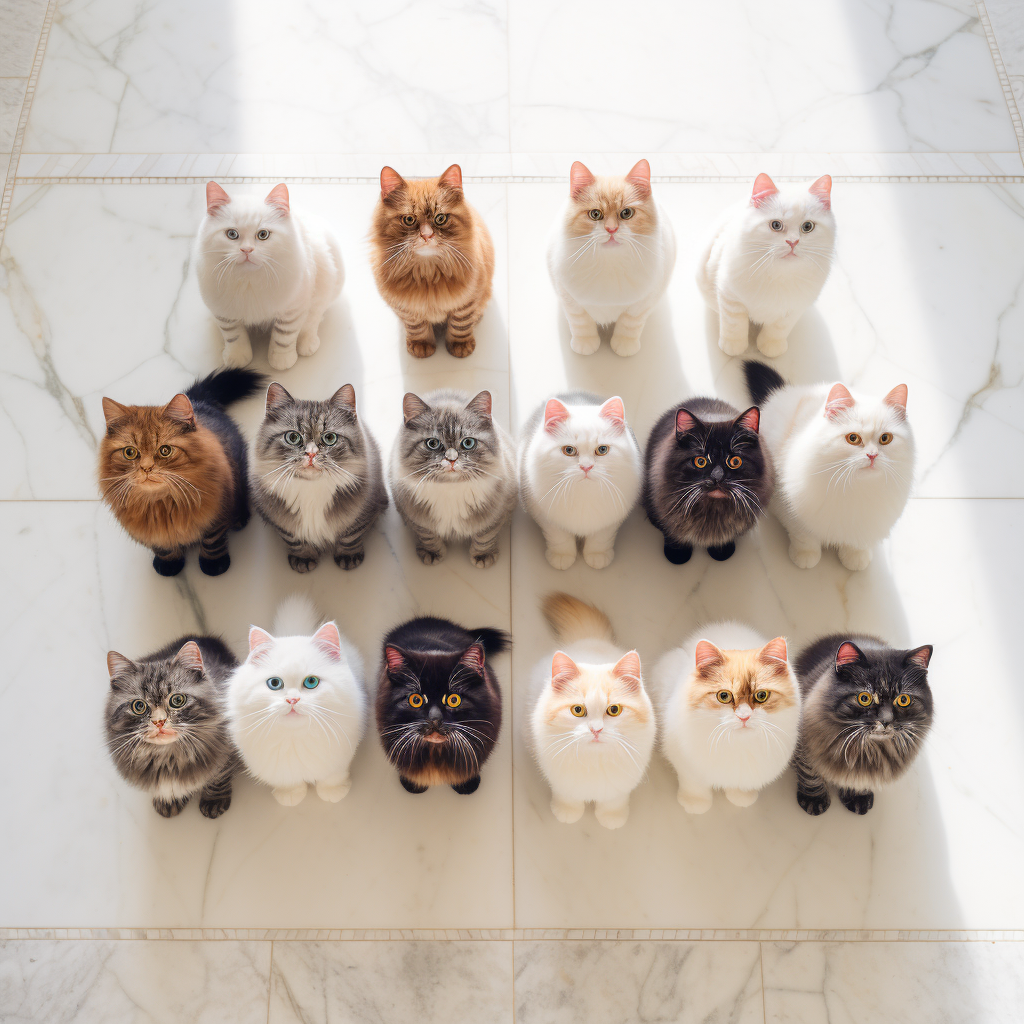 three rows of discrete cats sitting on white marble floor in perfect straight lines